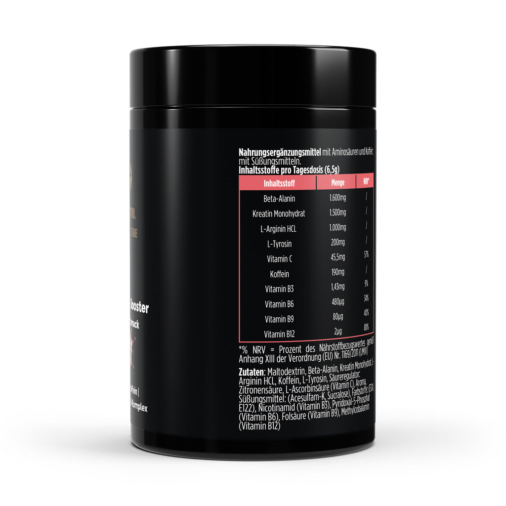Zusammensetzung vom Pre-Workout Booster Pulver mit Himbeer-Geschmack von The Vital Manufacture, 520g Dose mit Koffein, Kreatin und Aminosäuren.