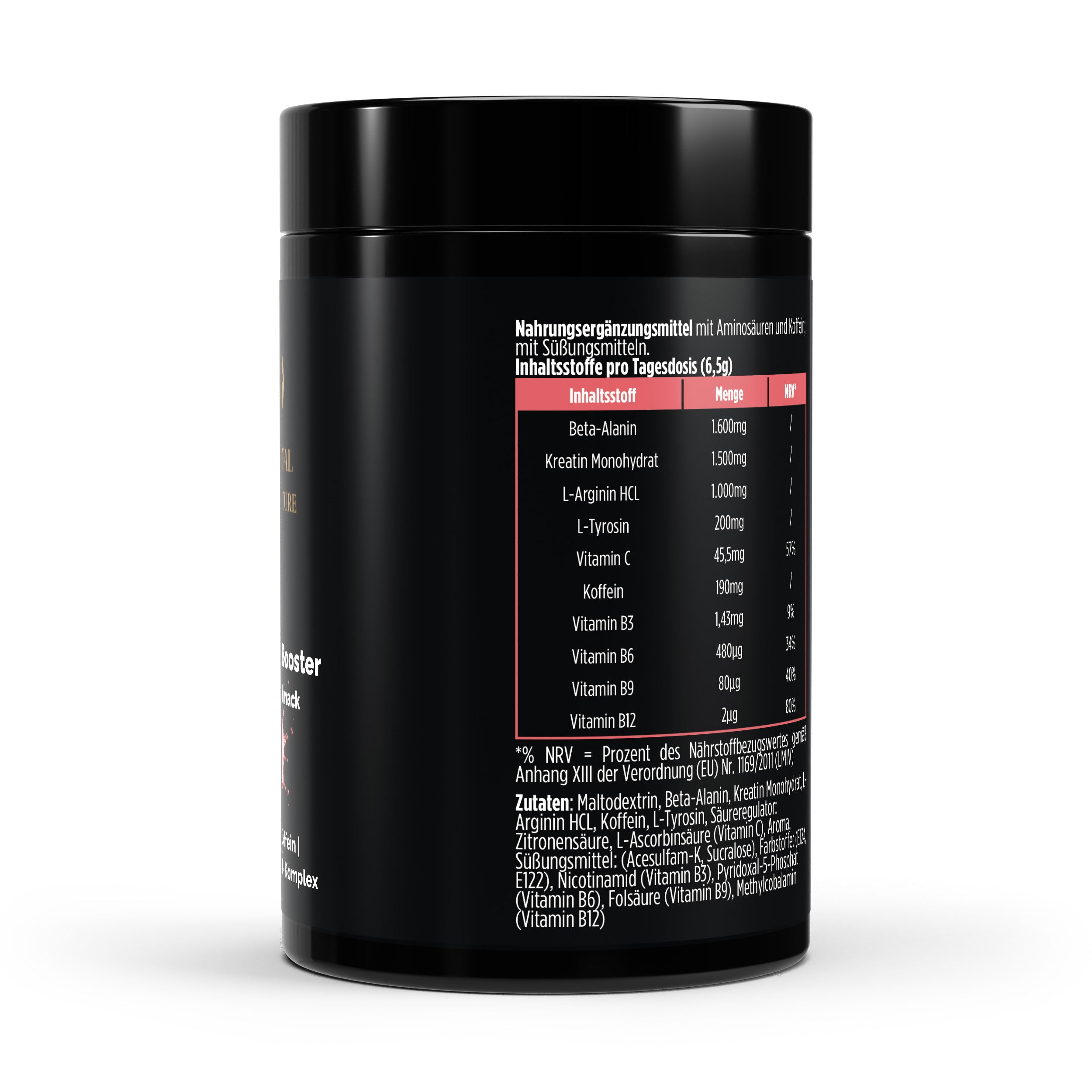 Zusammensetzung vom Pre-Workout Booster Pulver mit Himbeer-Geschmack von The Vital Manufacture, 520g Dose mit Koffein, Kreatin und Aminosäuren.