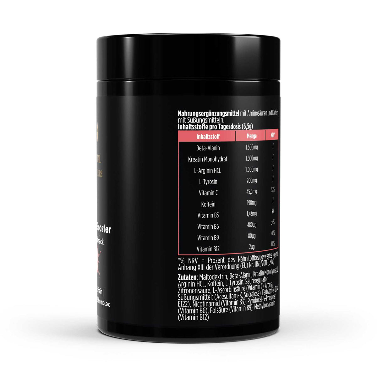 Zusammensetzung vom Pre-Workout Booster Pulver mit Himbeer-Geschmack von The Vital Manufacture, 520g Dose mit Koffein, Kreatin und Aminosäuren.