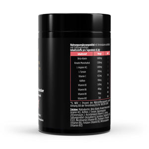 Zusammensetzung vom Pre-Workout Booster Pulver mit Himbeer-Geschmack von The Vital Manufacture, 520g Dose mit Koffein, Kreatin und Aminosäuren.